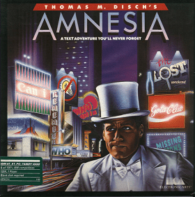 Cover of the original Amensia video game. Man in white tuxedo with confused expression stands in front of bright city background of billboards and shops.