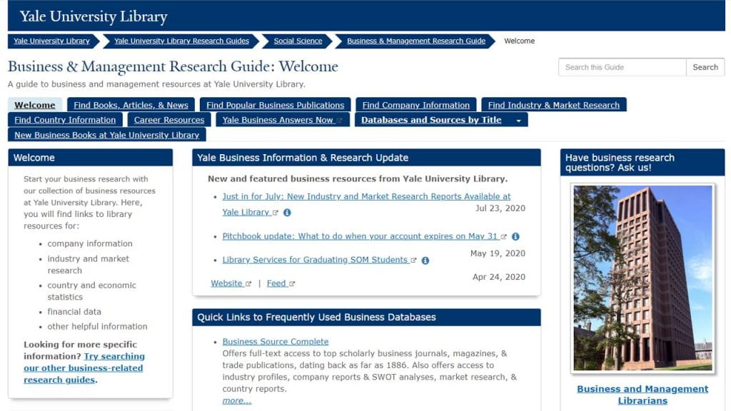 Screencapture of Business & Management Research Guide (LibGuide)
