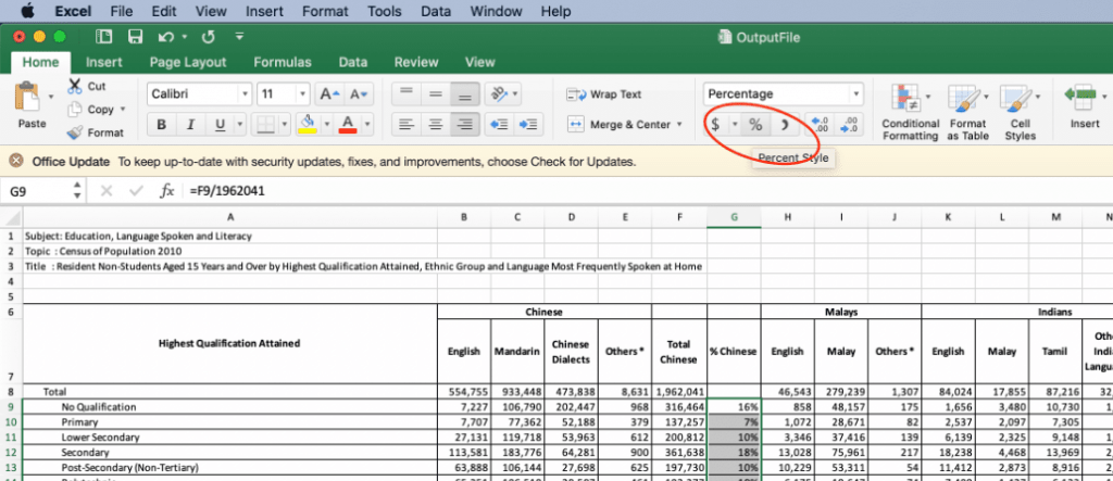 Percent function in Excel