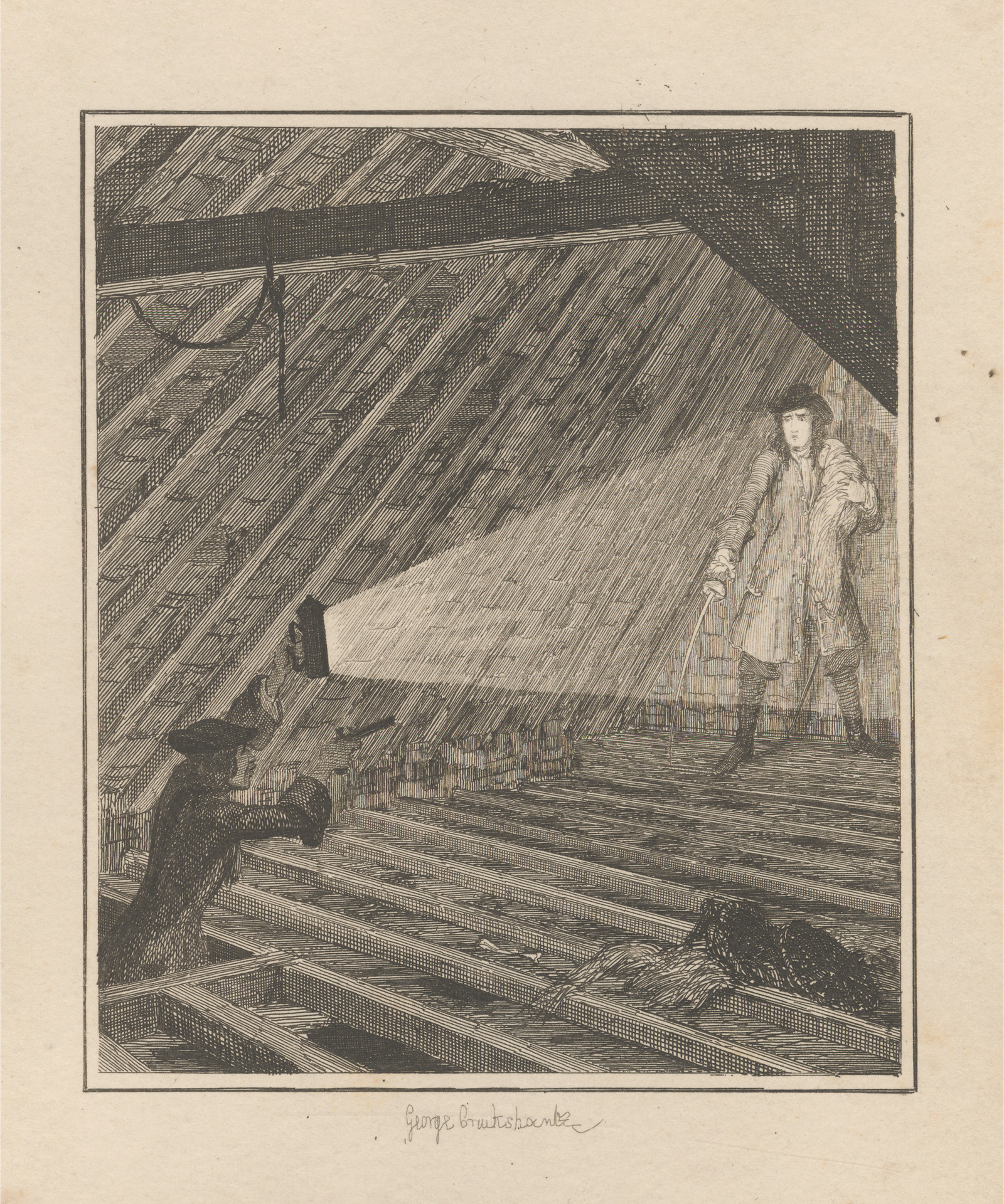Jonathan Wild Discovers Darrell in the Loft, Print made by George Cruikshank, 1792-1878