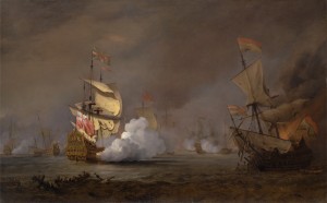 Gray tone oil painting of two ships with smoke and fire