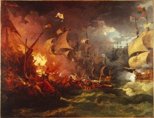 Large painting of chaos, ships on fire, smoke, waves and men 