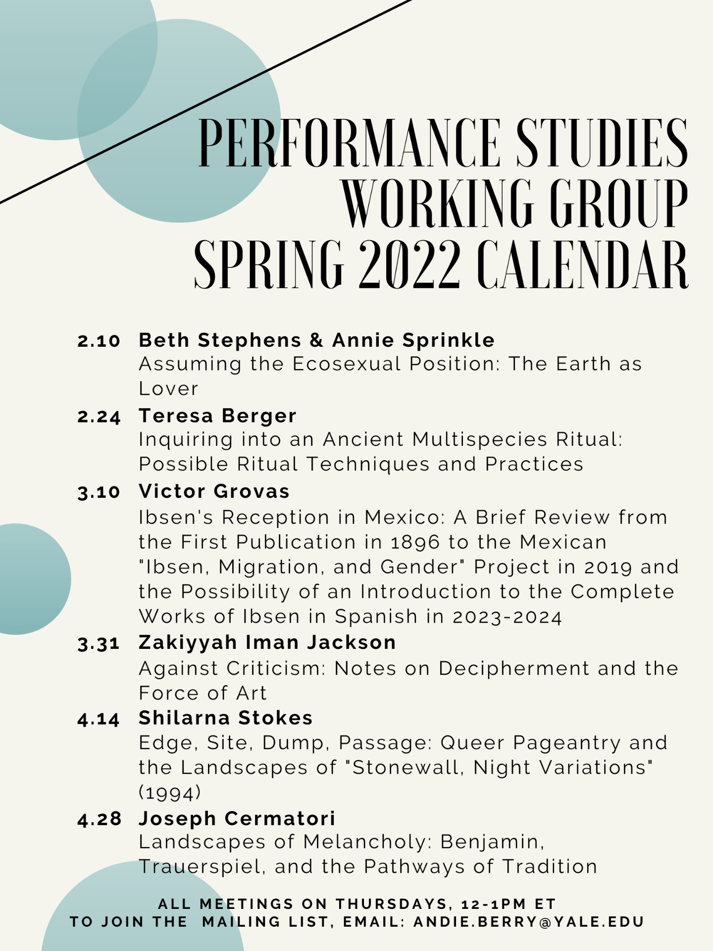Performance Studies Working Group Spring 2022 Calendar