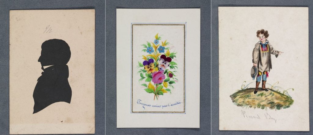 From left to right: silhouette of a man, drawing of a bouquet of flowers, watercolor of a young boy