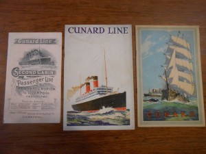 Cunard Line passenger lists, 1909, 1925, and 1929 (l. to r.). (MS 1994, box 12, folder 1)