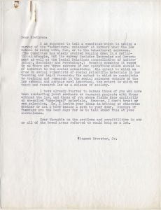Letter from Brewster to his colleagues regarding a survey of the "behavioural sciences" at Harvard University.