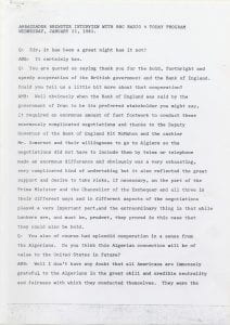 Page 1 of a BBC Radio 4 Today interview with Brewster regarding the release of United States diplomats and citizens from the United States Embassy in Tehran, Iran.