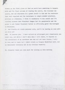 Page 3 of a BBC Radio 4 Today interview with Brewster regarding the release of United States diplomats and citizens from the United States Embassy in Tehran, Iran, January 21, 1981.