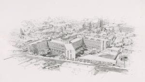 Image of an aerial view of the two new residential colleges proposed by the Brewster administration in 1972 that were not built due to opposition from the city of New Haven and Yale students.