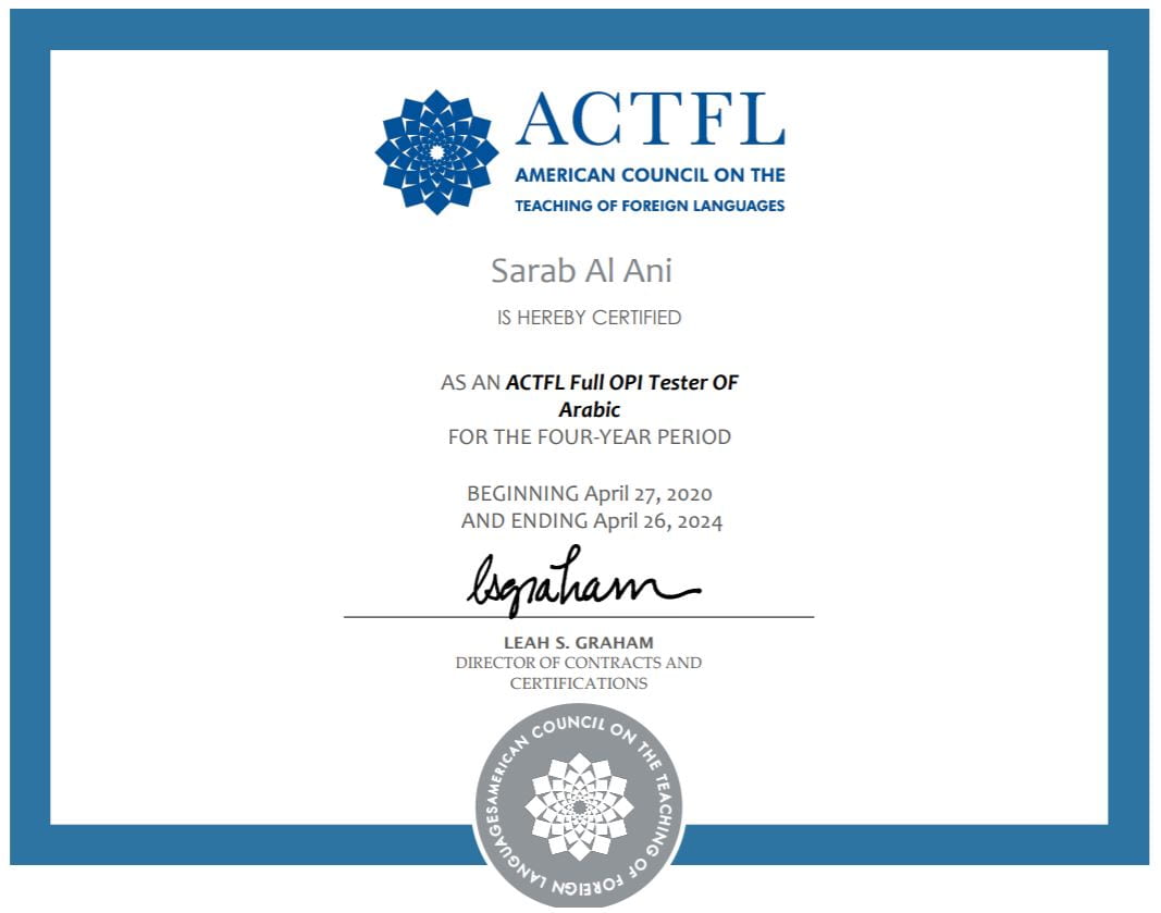 ACTFL Certified Full OPI Tester of Arabic Sarab Al Ani