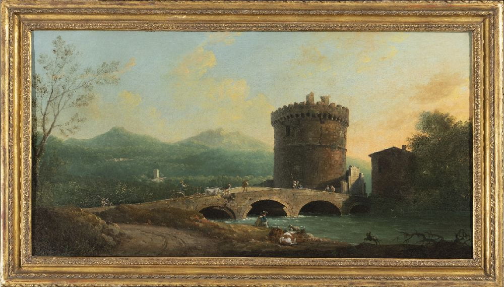 A landscape with a stone bridge going over a river, in the mid-ground, leading on the right to a round crenillated stone tower with a dark building with peaked roof. Hills are in the background, and figures are by the shore in the foreground 
