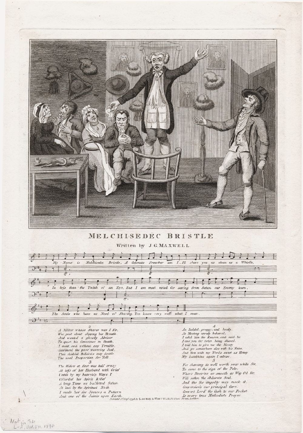 Song in five stanzas, printed below title and below image of a man standing on a chair, one arm raised. Two couples sit on the left of the composition, and a man enters through the doorway on the right.