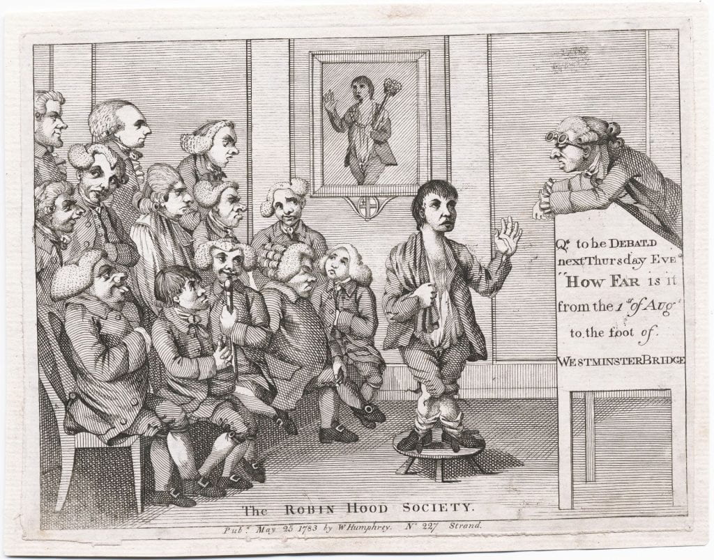 On the right, the chairman of the Robin Hood Society leans over a rostrum toward the speaker, Jeffery Dunstan, a hawker whose physical deformities and wit led to his election as the "mayor of Garrett" shown in the image behind him on the wall. The caricatured audience, plebeian in its appearance, along with the subject of an upcoming debate announced on the side of the rostrum, further ridicule this well-known debating society