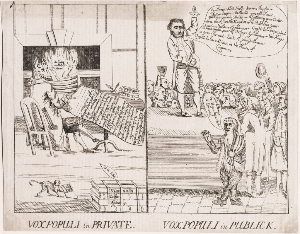 Two separate images illustrate Charles Fox's contrasting political pronouncements. On the left, "in private," Fox, with fox's head, is sitting in front of a fireplace in which "An Essay on Politic Sperit [sic]" is being consumed by flames while Fox points to a large document, his political creed, spread on the table to his right. From his coat's pocket sticks out "A Panegyric on Lord North." In the foreground, a monkey plays with a pamphlet "The tru[e] principle of the Constitut[ion]," next to a bundle of books comprising MacCauley's, Locke's and Sydney's works, marked "To Be Sold." On the right, "in publick," Fox, standing on a platform and cheered by a large crowd, including 'Sir' Jeffrey Dunstan, advocates views opposed to those in his creed on the left
