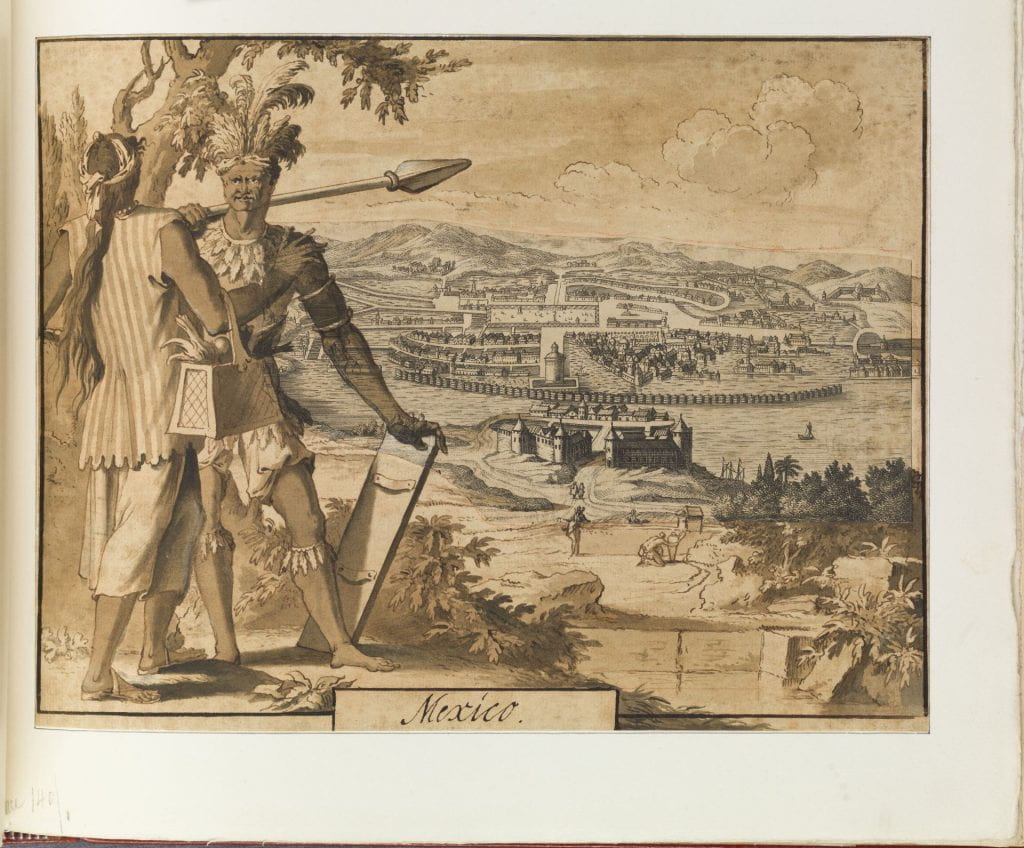 A collage with a wash drawing depicting native people of Mexico on a hillside with the sky above, mounted in the center of which is an engraving of a view of a walled city surrounded by a river, the arrangement giving the impression that the two drawn figures are looking out over a valley at the settlement in the distance below them. A couple prominent in the left foreground, stand in front of a tree; the man faces the viewer and wears a feathered headdress and loin cloth; the spear in his right hand rests on his shoulders and the shield in left hand is propped up against the ground. The woman with her back to the viewer, wears a sleeveless shirt, a skirt, and sandals; her long hair falls past her waist; food items are visible within the basket she carries in the crook of her right arm. Two other figures work in the clearing below.