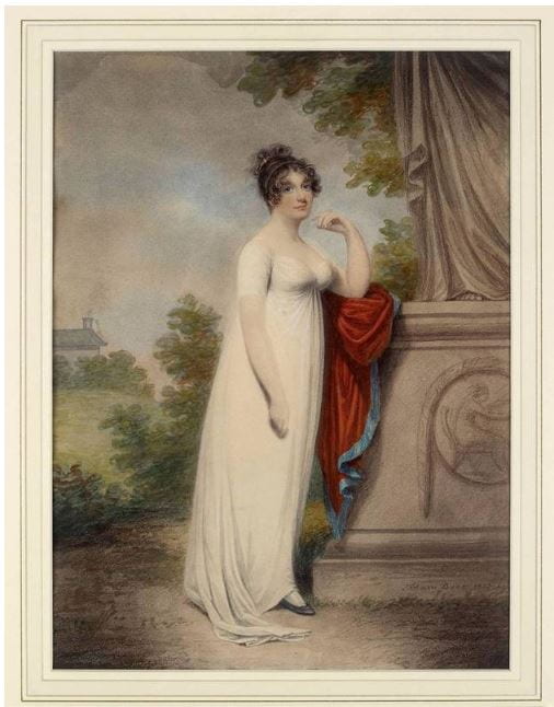 Full-length portrait of a woman, likely to be Mary Anne Clarke, at the base of a statue
