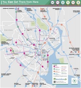 Map of New Haven with different colored lines representing sustainable transportation options.