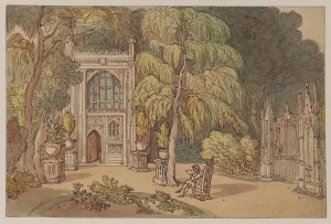 Garden and entrance to a Neo-Gothic house - Strawberry Hill, 1809 (circa), Thomas Rowlandson (1757 - 1827). Accession number D.1952.RW.3600. © The Samuel Courtauld Trust, The Courtauld Gallery, London.