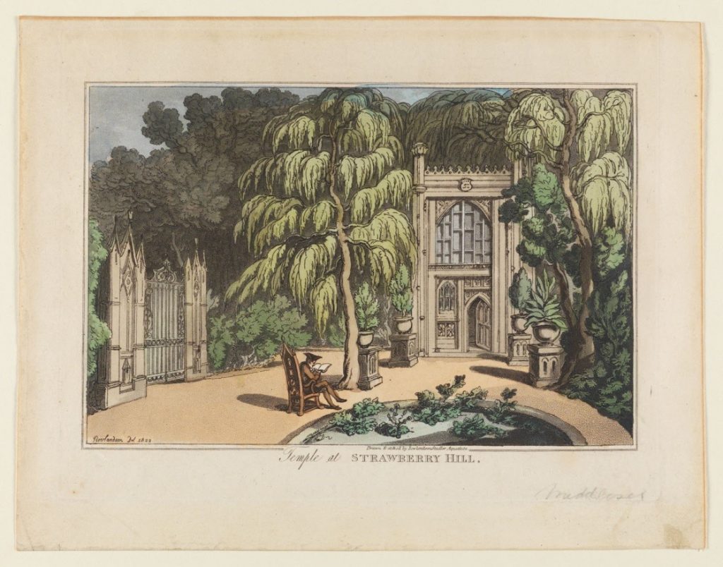 A view of the front of the temple at Horace Walpole's home Strawberry Hill includes the circular garden and the ornamental urns planted with small trees leading to the temple's entrance. To the left the doors of the large iron gates are closed. A man sits reading in a bench in the middle of the image, beside the circular garden in front of the temple.