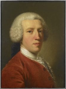 Portrait of Sir Horace Mann, eighteenth-century bewigged gentleman facing right, wearing a red coat