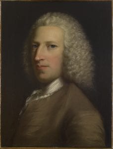 Portrait of Galfridus Mann, eighteenth-century bewigged gentleman facing left, wearing a brown coat