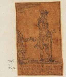 drawing on dark orange paper of a man facing right with a child behind holding out a cap