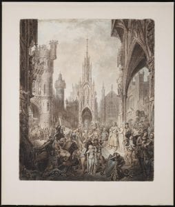 Watercolor drawing of a busy crowd scene of people in medieval dress surrounded by gothic buildings