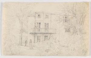 pencil sketch of house amidst trees and shrubbery
