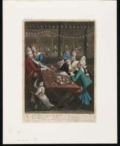 Colored Mezzotint showing men and women seated around a table