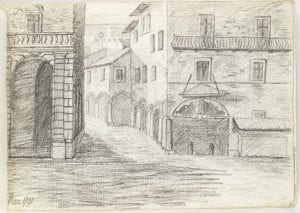 landscape sketch of a street in Pisa with buildings on either side of a street leading into the distance