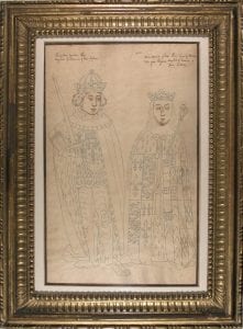Pen and ink line drawing of a king and queen shown full length