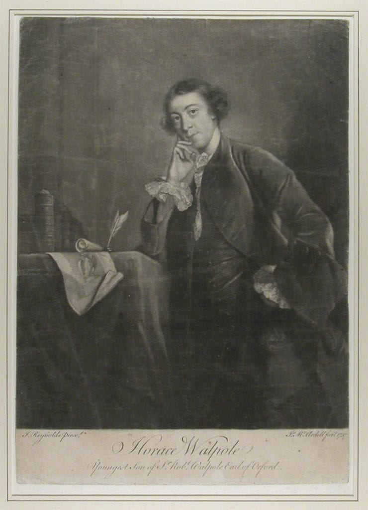Portrait of Walpole standing three-quarter length to left and leaning his right elbow on table, his right hand to his cheek, eyes to front, wearing plain coat and waistcoat, lace collar and cuffs;