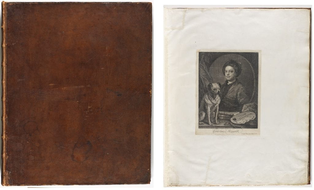cover of Steevens volume and page from folio with print of Hogarth