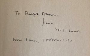 Manuscript inscription To Ralph Brown from W.S. Lewis, New Haven,